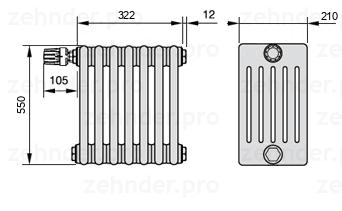 Схема (чертеж) Радиатор Zehnder Charleston 6055/7 №V012 Белый глянцевый RAL 9016